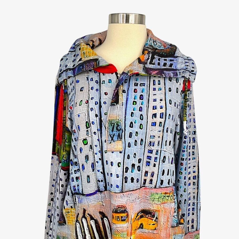 Ubu Size L Tunic Long Sleeve Landscape City Collared Multicolor Bamboo - Picture 3 of 11